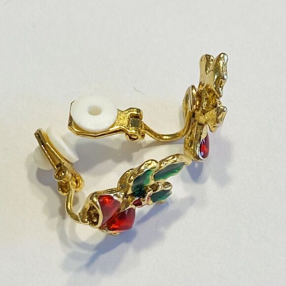 Christmas Clip On Earrings Holly & Bells Festive Holiday Goldtone Green & Red - Picture 5 of 6